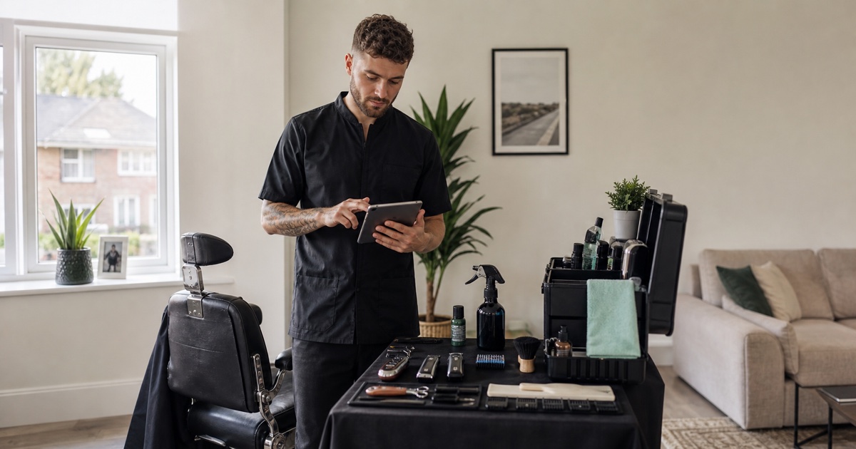 A mobile barber reviewing prices beside a portable chair and barber kit