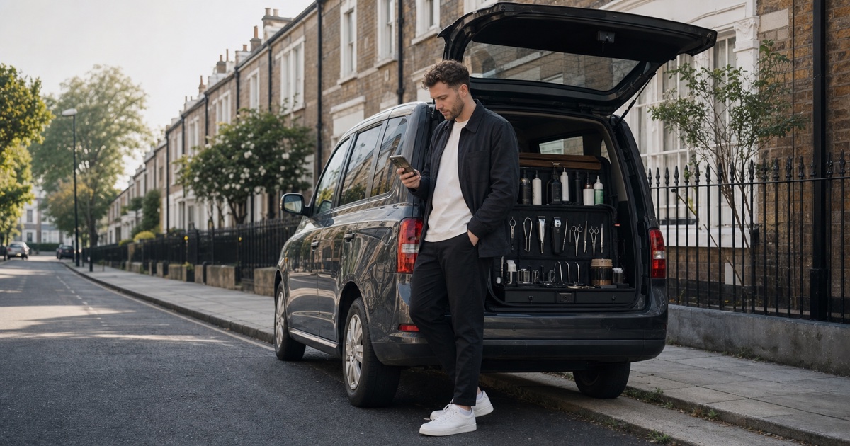 A mobile barber planning a local route beside a vehicle carrying professional barber tools